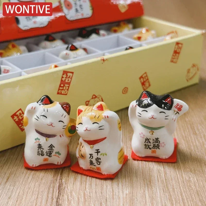 Pack of 3 Pieces Mini Ceramic Lucky Fortune Cat, Desktop Car Decoration Figurines Cute Kitten Maneki Neko Ornament 1.3 Inch Tall