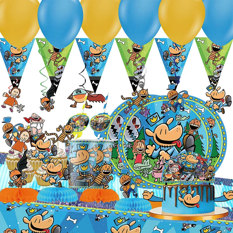 Dog Man Eco-Friendly Disposable Party Tableware Kit Paper Plates Cups Cake Flag Sqiral Honeycomb Brooch Kids Birthday Party Kit