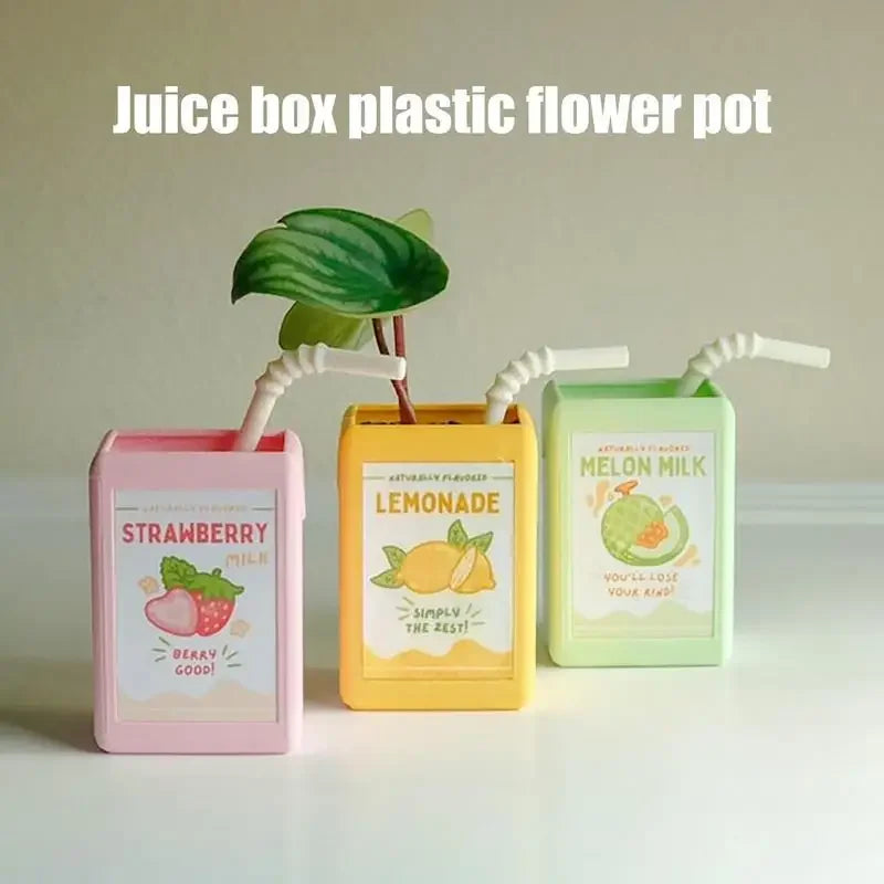 Kawai Flower Pots Juice Box Flower Pot Beverage Plastic Vase Succulents Cactus Flowers Pot Decor Planter For Plant Cute Gift