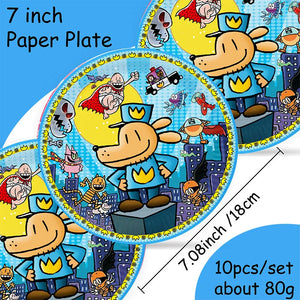 Dog Man Eco-Friendly Disposable Party Tableware Kit Paper Plates Cups Cake Flag Sqiral Honeycomb Brooch Kids Birthday Party Kit