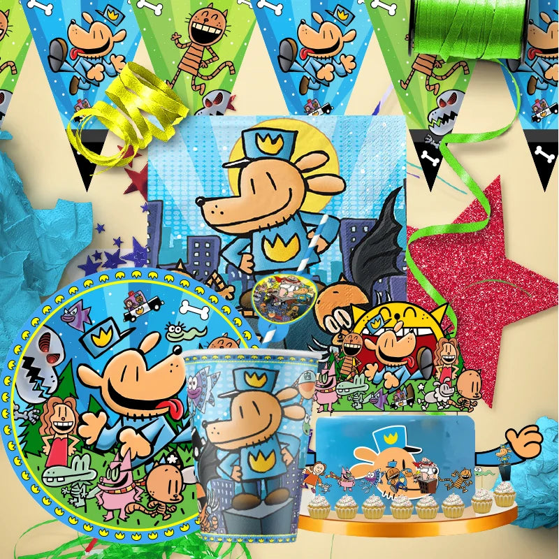 Dog Man Happy Birthday Decoration Tableware Paper Plate Cup Straw Dog Man Game Party Supplies Disposable Party Tableware Kit