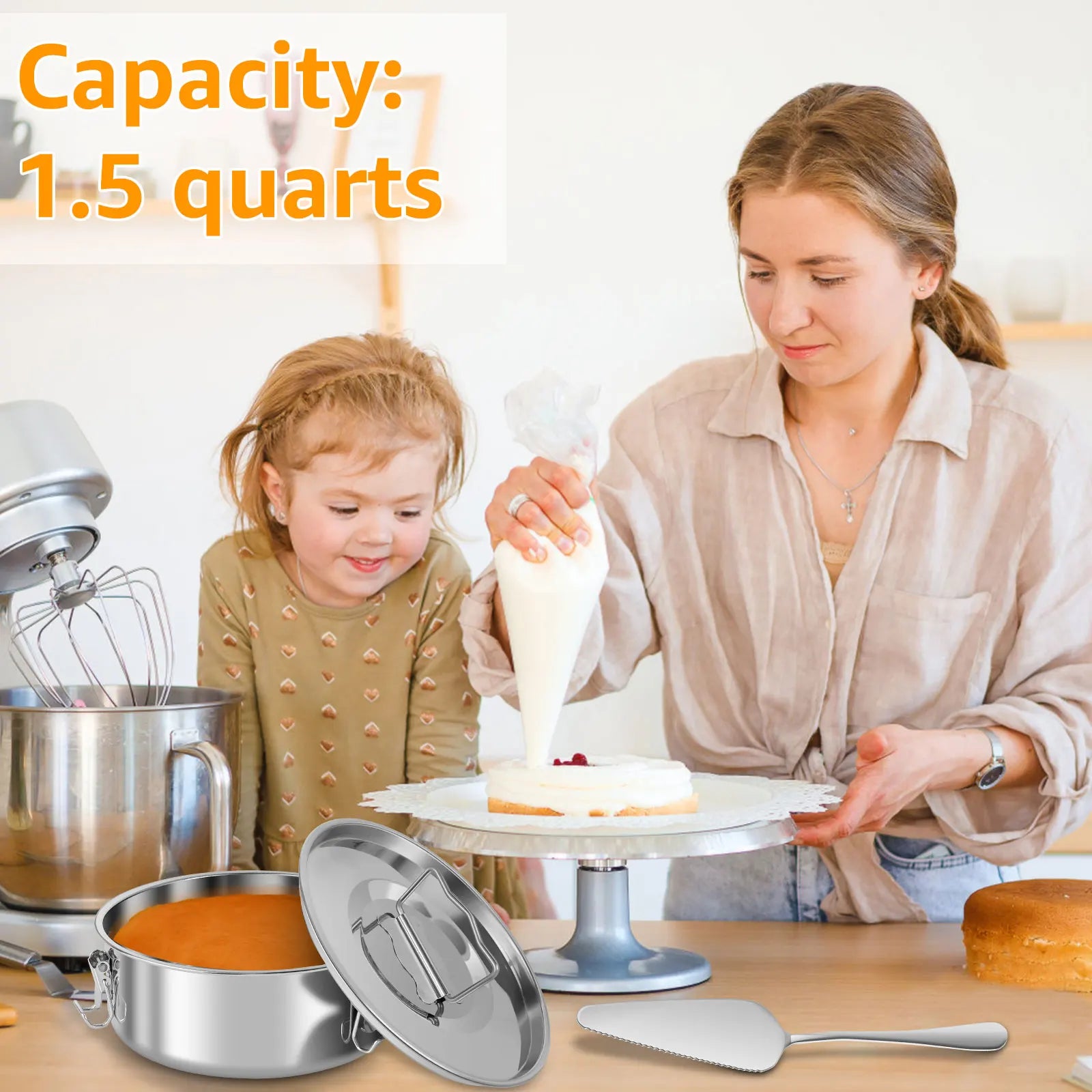 7.5inch Flan Mold for Fast Pot 6QT to 8QT 304 Stainless Steel Flan Pan Mold with Lid Handle 1.5QT Round Flan Baking Pan Portable
