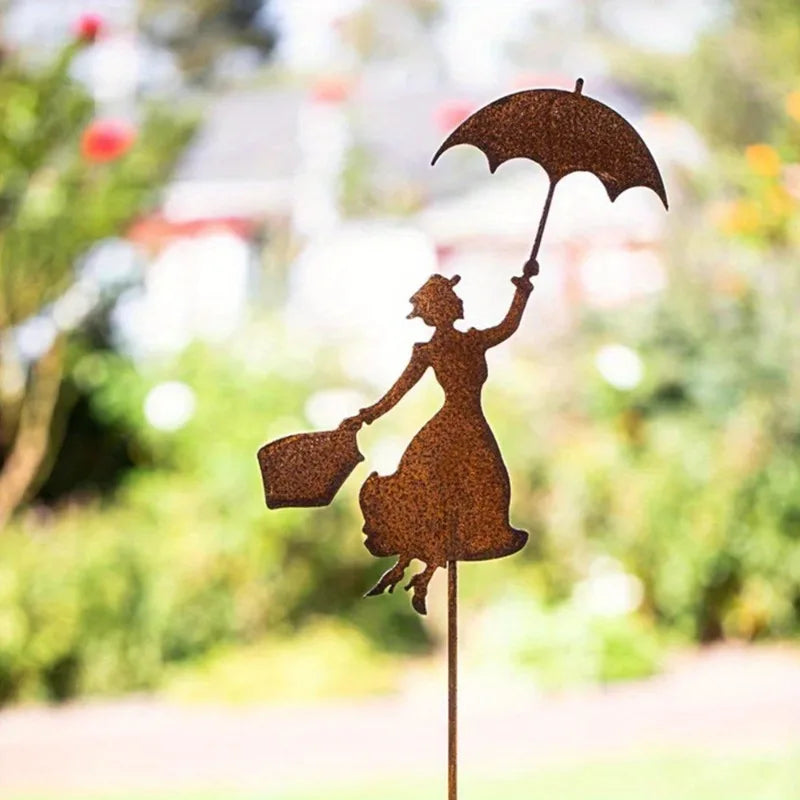 1pc Metal Rust Garden Decor, Woman with Umbrella Decorative Rust Figure for the Garden Mother'S Day Gift ﻿