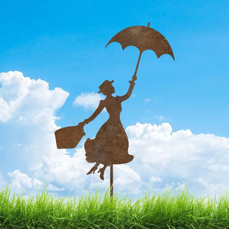 1pc Metal Rust Garden Decor, Woman with Umbrella Decorative Rust Figure for the Garden Mother'S Day Gift ﻿