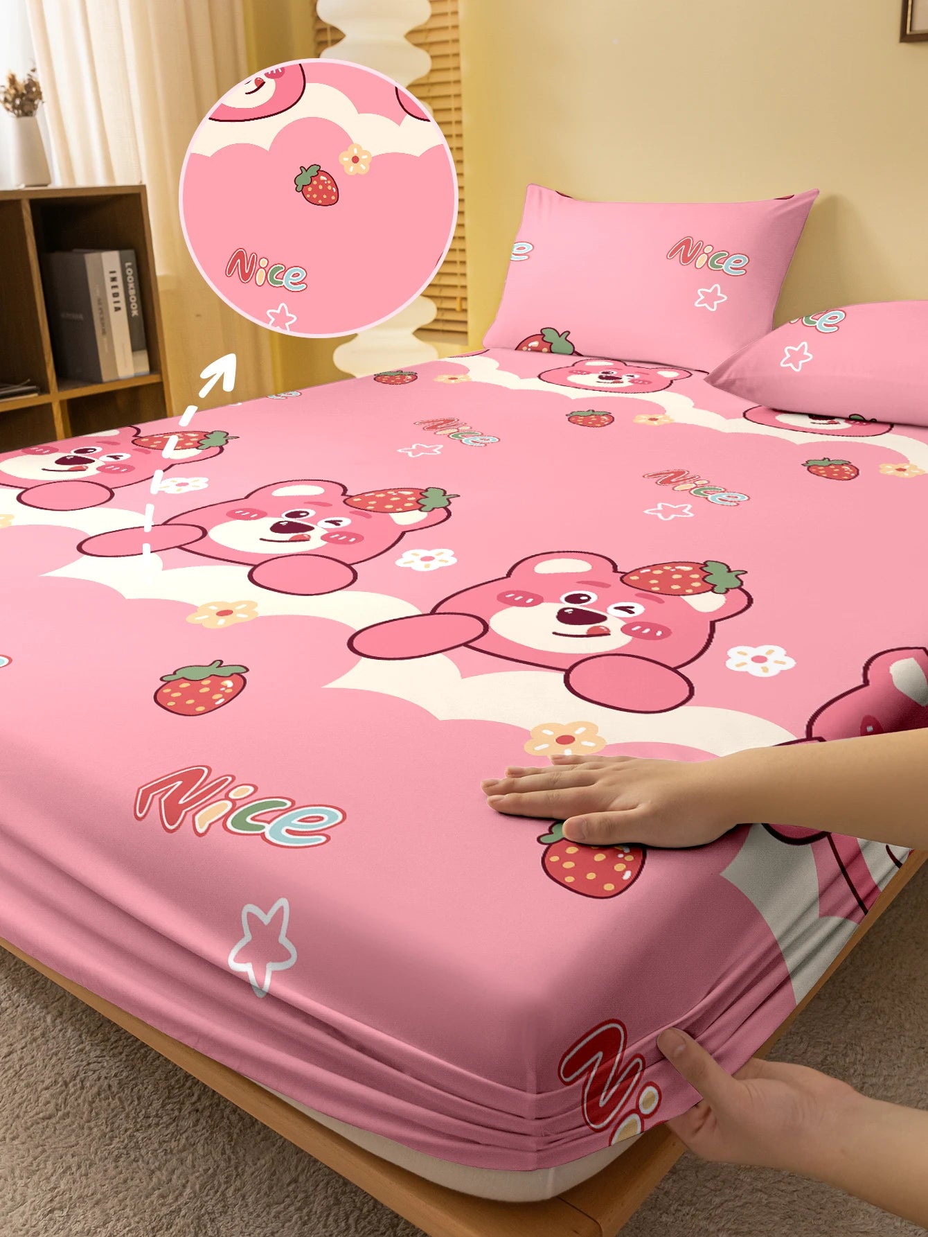 1 Cartoon Cute animal Bear Printed Matte Fitted Sheet, Bedroom Printed Bed Cover, Bedding (Excluding Pillowcases)