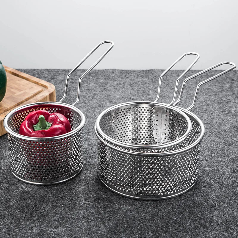 304Stainless Steel Fried Mesh Fry Round Basket with Handle Cooking Tool Oil Residue Filtration Mesh Colander Kitchen Accessories
