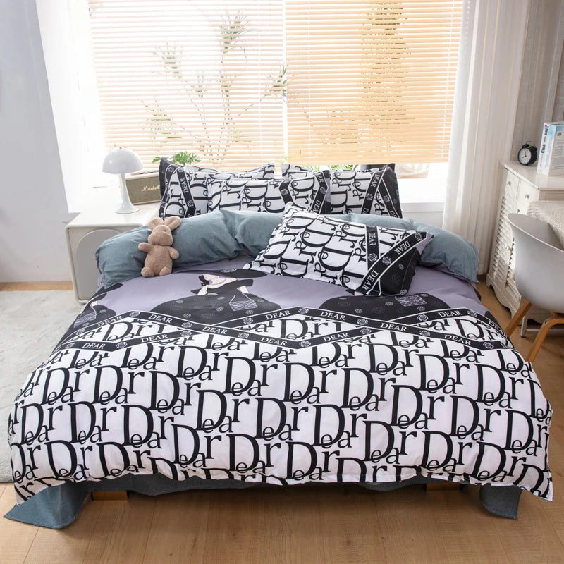 3/4 Piece Bedding Set Letter Pattern Double Side, Duvet Cover Pillowcase Bedsheet Bedroom Bed Set,King Queen Full Size