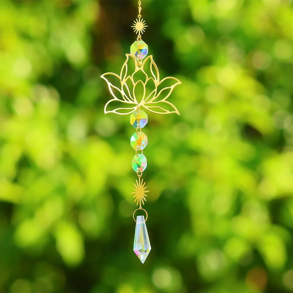 New Golden Lotus Suncatcher Home Garden Decor Colorful Gardening Crafts Gift Hanging Ornament Water Drop Pendant
