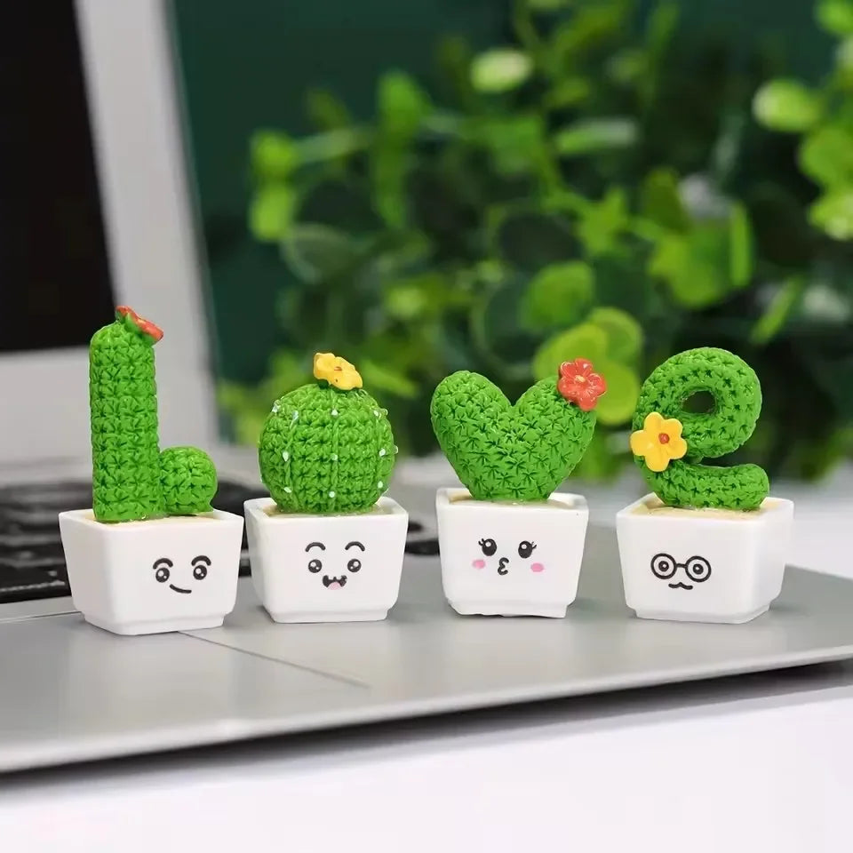 4Pcs Resin Figurines Succulent Cactus Mini Green Plant Bonsai Small Tree Pot Car Office Home Living Room Tabletop Deco
