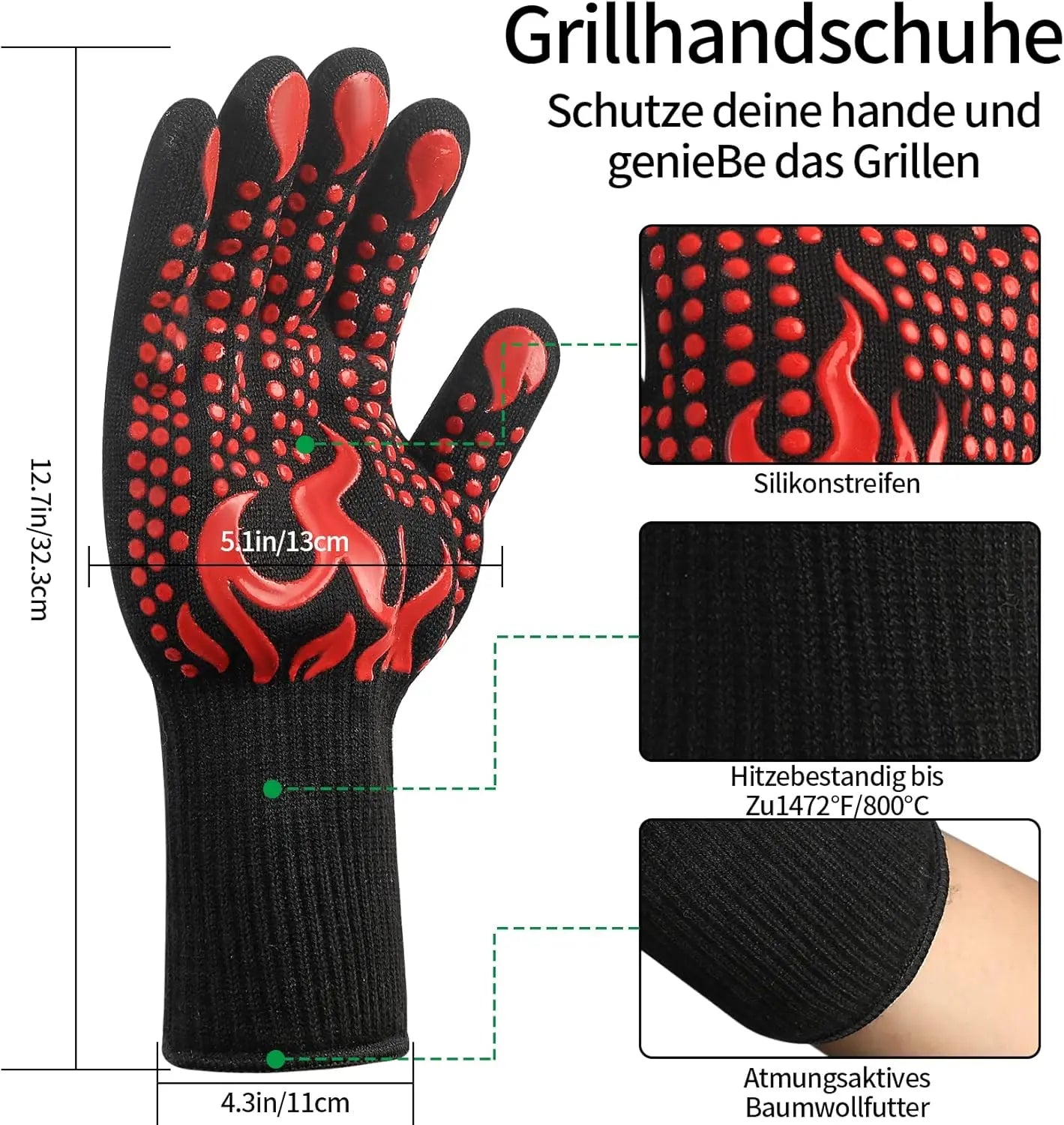 Universal Anti-Slip Heat-Resistant Barbecue Oven Gloves Fireproof Kitchen Cooking Gloves Suitable for High Temperatures up to 80