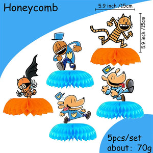 Dog Man Eco-Friendly Disposable Party Tableware Kit Paper Plates Cups Cake Flag Sqiral Honeycomb Brooch Kids Birthday Party Kit