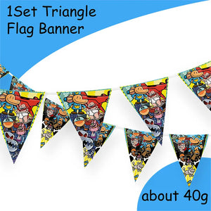 Dog Man Eco-Friendly Disposable Party Tableware Kit Paper Plates Cups Cake Flag Sqiral Honeycomb Brooch Kids Birthday Party Kit