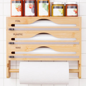 Bamboo Compartment Cling Film Tin Foil Cutter Box With Kitchen Paper Wall Mounted Paper Towel Kitchen Organizer Accessories